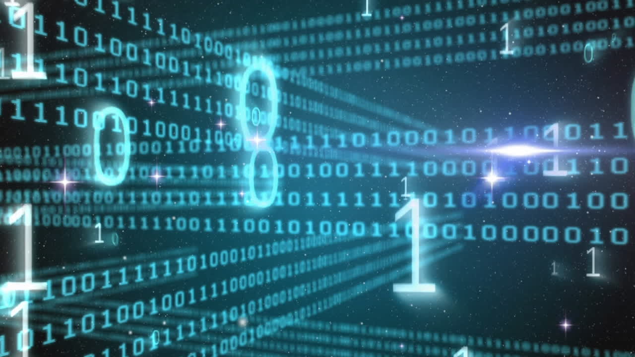 Animation of binary coding data processing and light spot against blue background