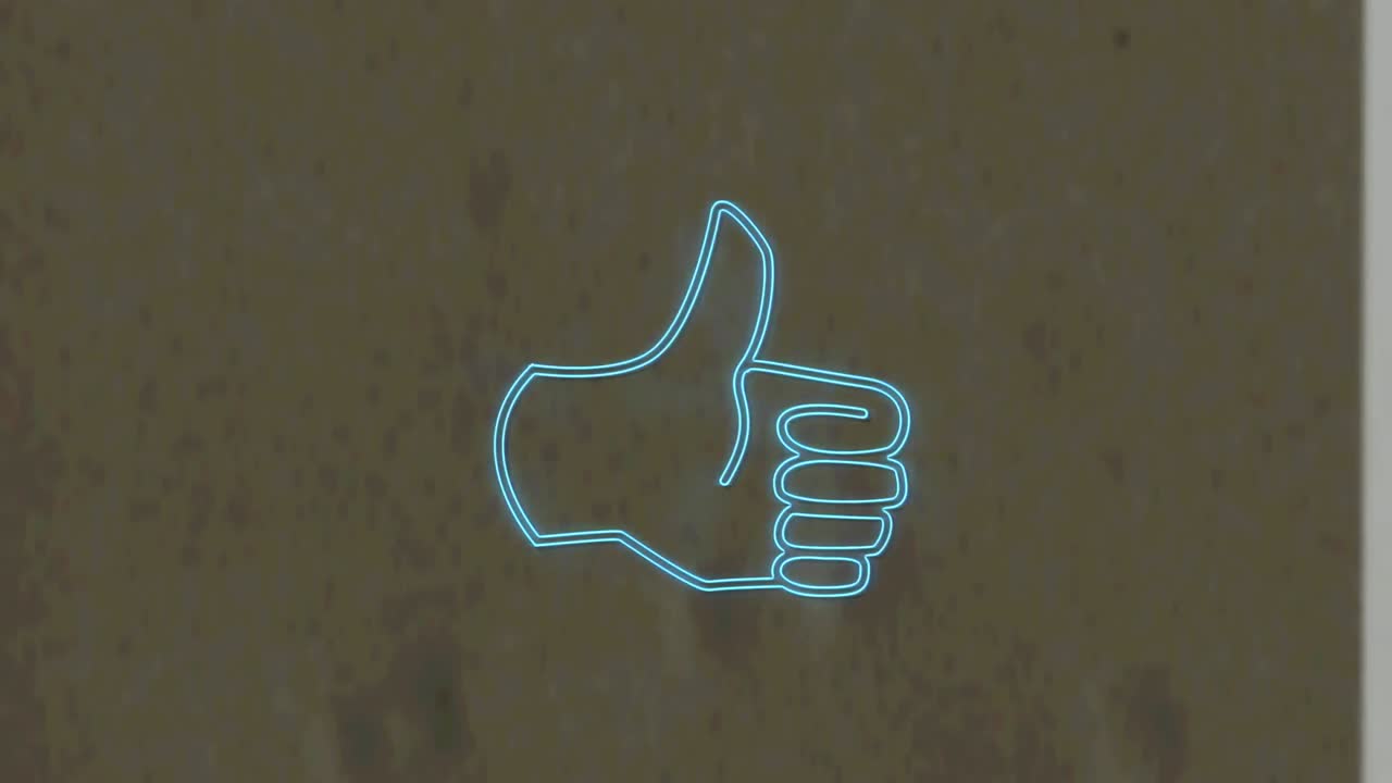 animación digital del icono de pulgar hacia arriba azul neón contra un fondo de madera texturizado