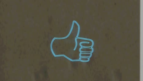 Digital-animation-of-neon-blue-thumbs-up-icon-against-textured-wooden-background