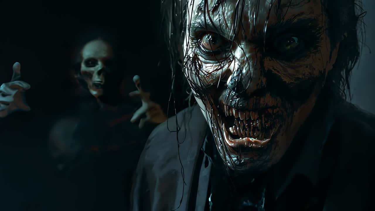 With glitch crossing frame undead leaning snarling in dark room, second figure emerging, copy space