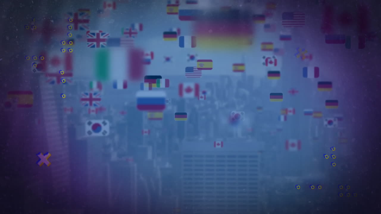 Animation of flags from various countries floating over cityscape background