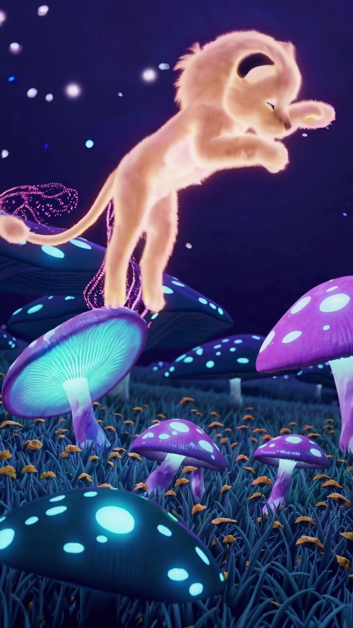 Świecące lwiątko skaczące po magicznych grzybach w zaczarowanym lesie