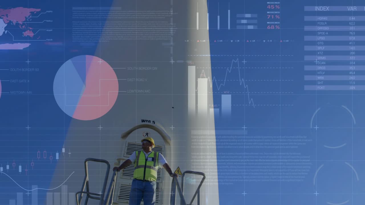 Cam panning down revealing tech holding rails on platform, charts over tech monitoring wind energy