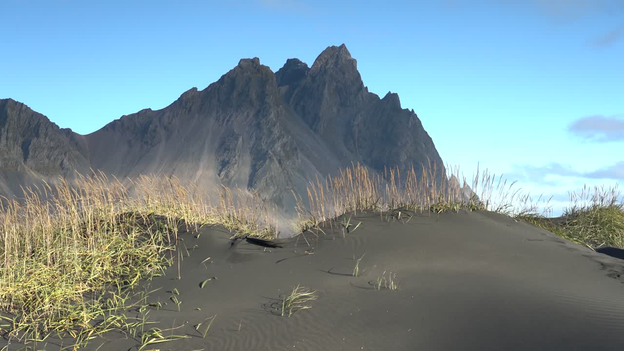 Dramatic Black Sand Beach with Mountain in Iceland