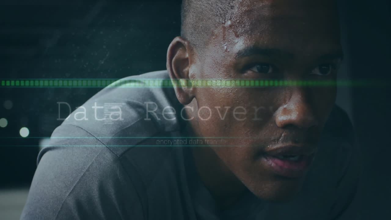 Sweating athlete with encrypted data transfer animation overlay on face