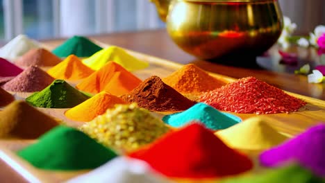 colorful display of spices on a wooden tray