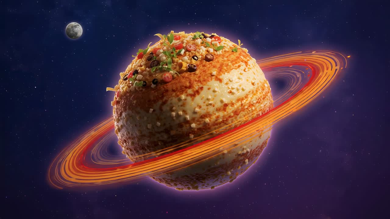 Animation starting, crispy sphere rotating in purple star field, showing toppings and glowing rings