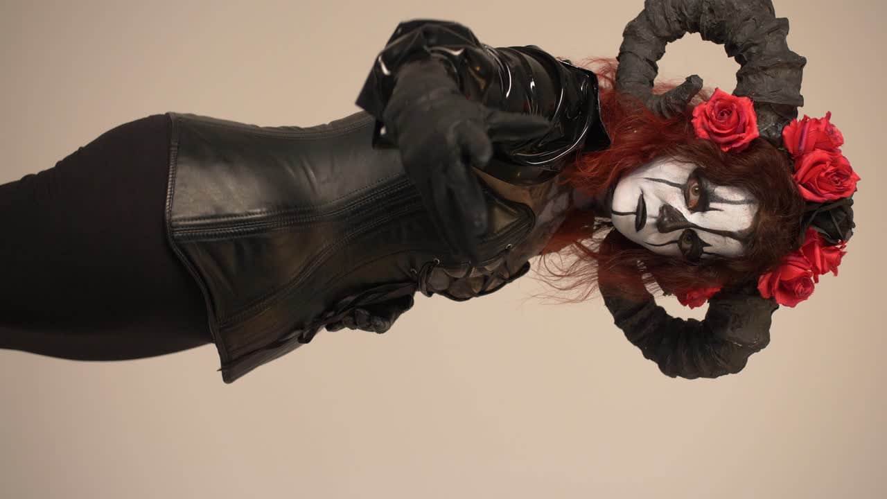Catrina Cosplay-jente som henvender seg til deg i Domina-antrekk og lys bakgrunn, halvtotal