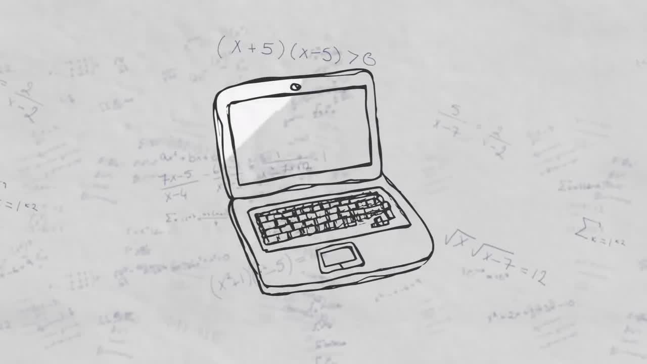 Animation eines Cartoon-Laptops über mathematischen Formeln auf weißem Hintergrund
