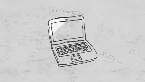 Animation-of-cartoon-laptop-over-math-formulas-on-white-background