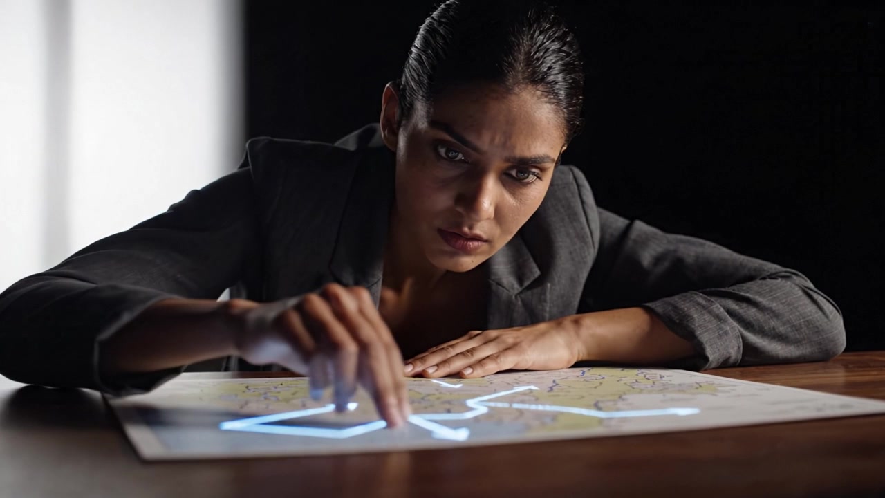 Focused Professional Analyzing Digital Map Data in a Dimly Lit Environment, Engaged in Strategic Planning and Attention to Detail During the Workflow Process