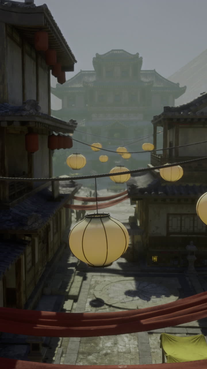 Lanterns illuminate a traditional street in an ancient village at dusk