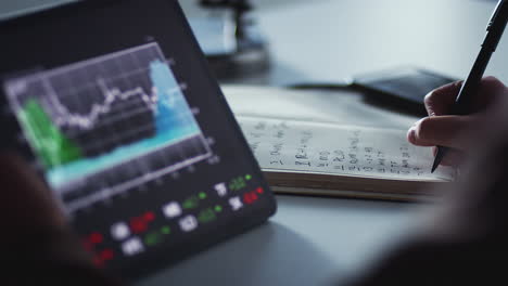 close up of share trader at desk writing in notebook with stock price data shown on digital tablet