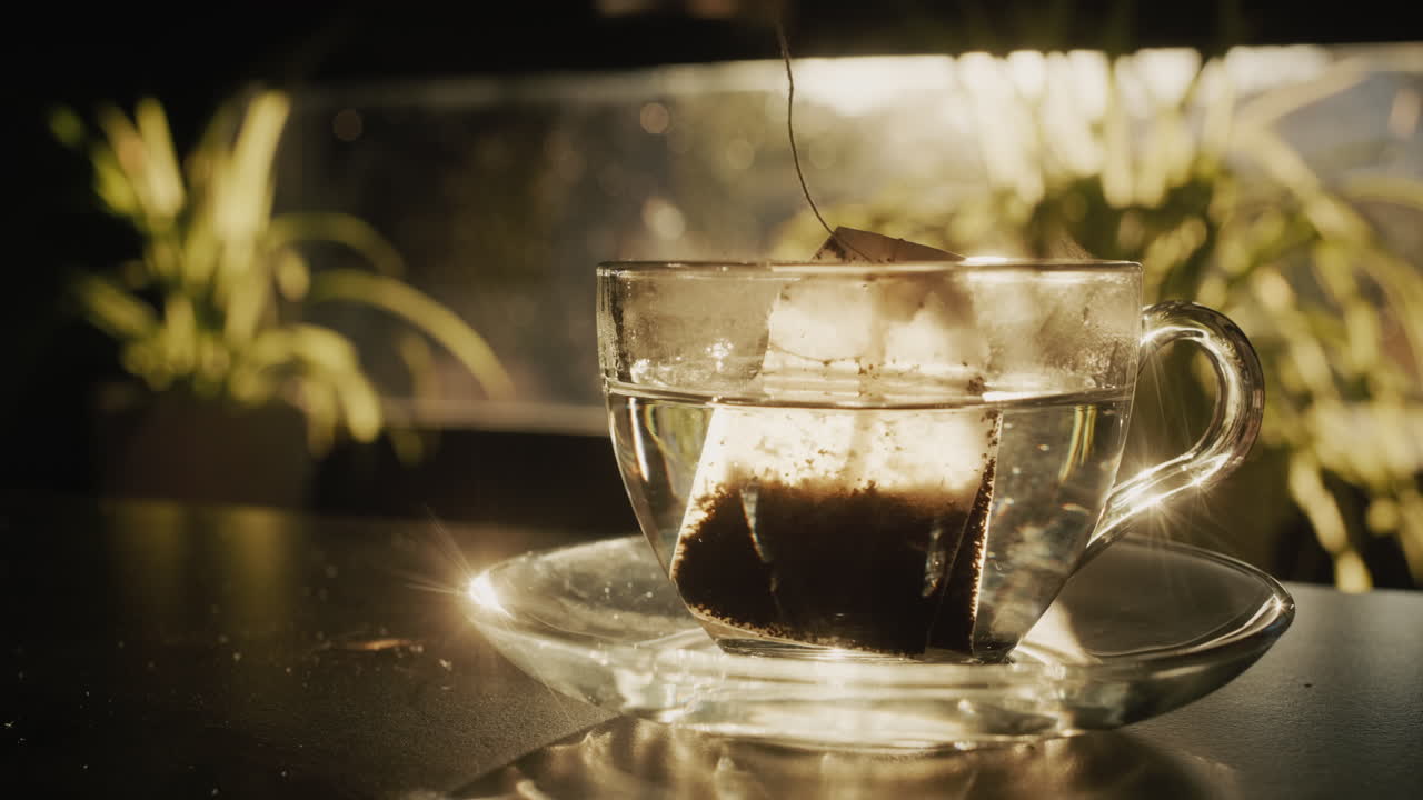 차 가방 을  ⁇ 는 물 한 잔 에 담아 놓는다. 태양 은 창문 에서 아름답게 빛난다 - 좋은 날 의 시작