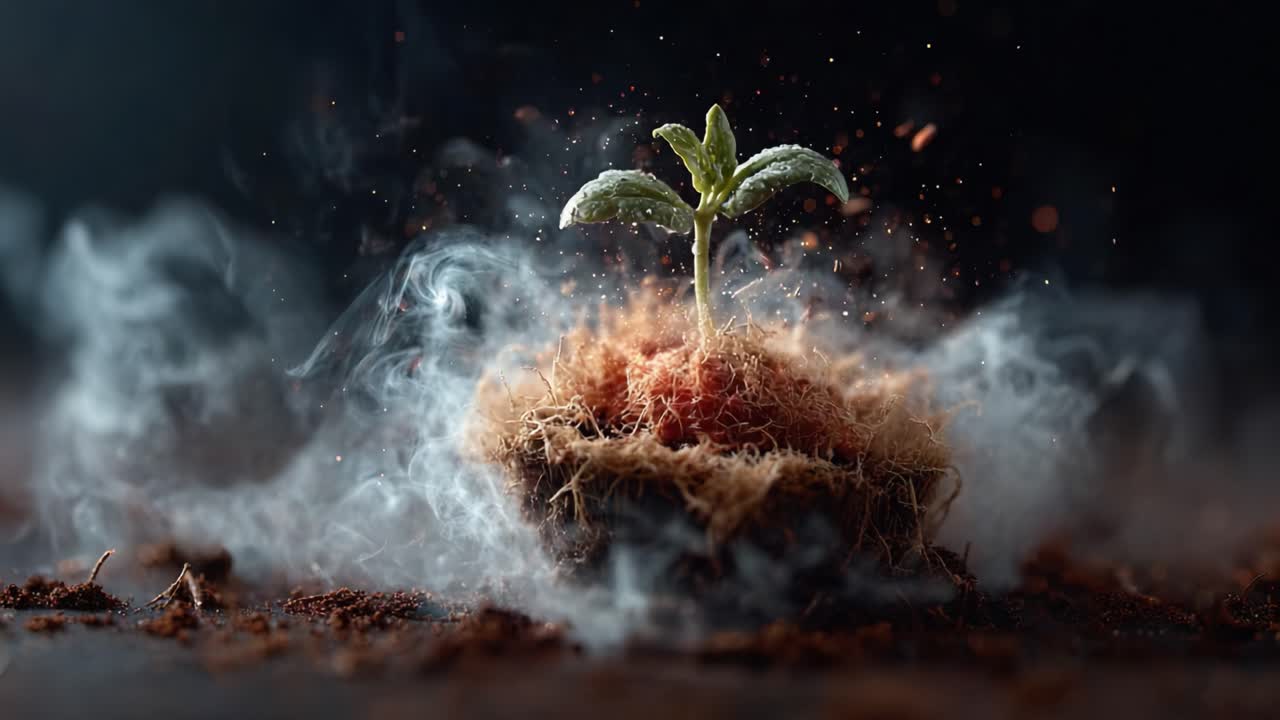 A Young Seedling Emerges from the Soil, Surrounded by Mystical Smoke, Signifying New Life and Growth in an Enchanting Atmosphere