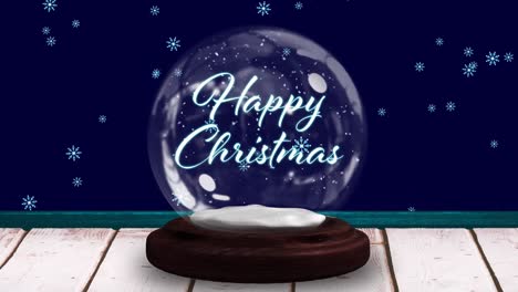 Animation-of-christmas-greetings-in-snow-globe-on-wooden-boards,-shooting-star-and-snow-falling