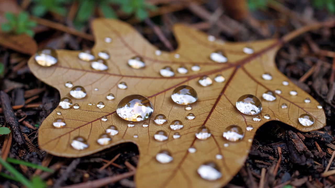 Water Droplets on a Fallen Autumn Oak Leaf