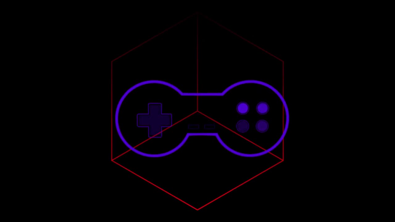 Animation of neon game pad over geometrical shapes on dark background