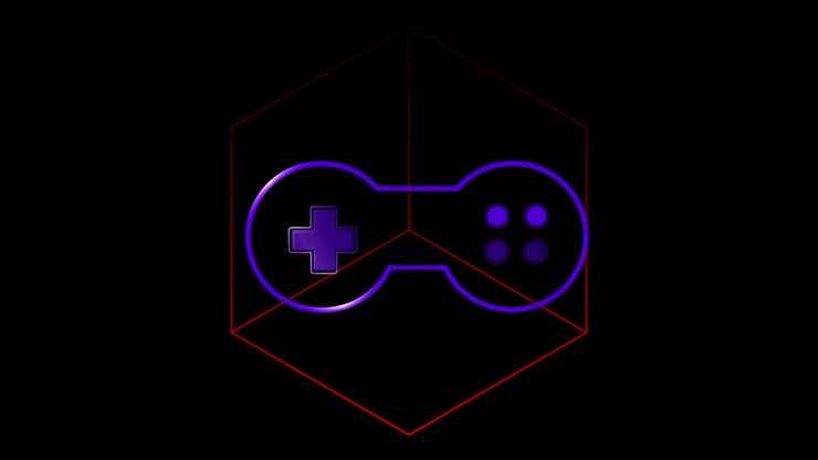 Animazione di gamepad neon su forme geometriche su sfondo scuro