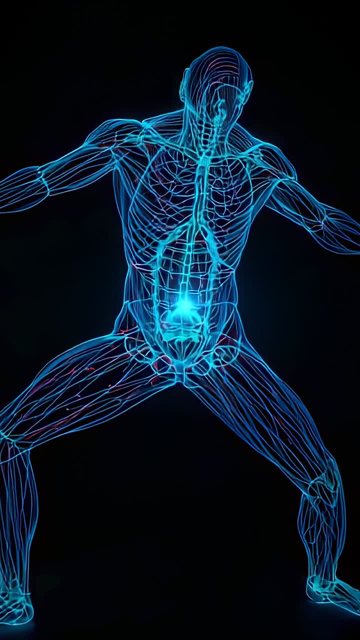 Vertical video: Showing neon model as cyan core forming pulsing, lighting ribs for study on black