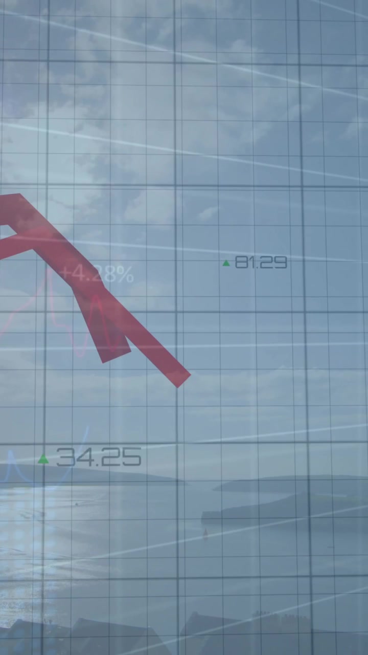 Animation of financial data processing over red lines and landscape