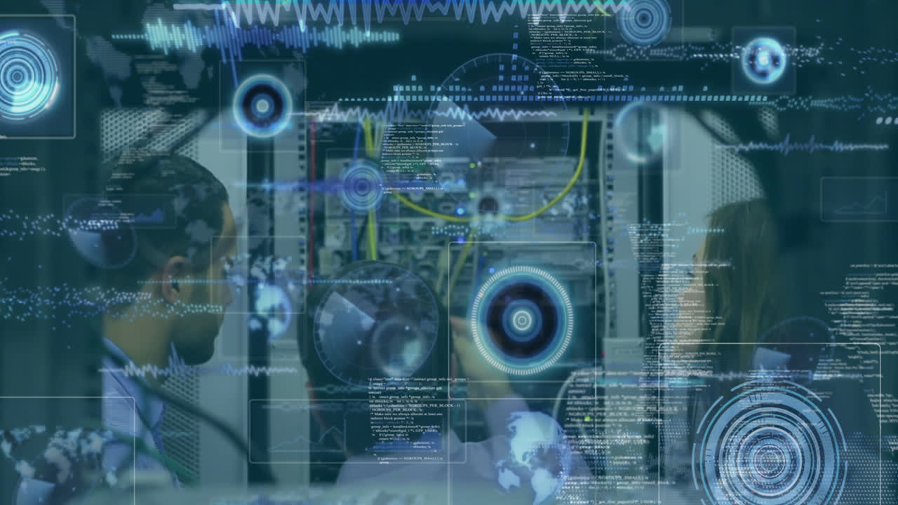 animación del procesamiento de datos a través de diversos ingenieros informáticos y servidores informáticos