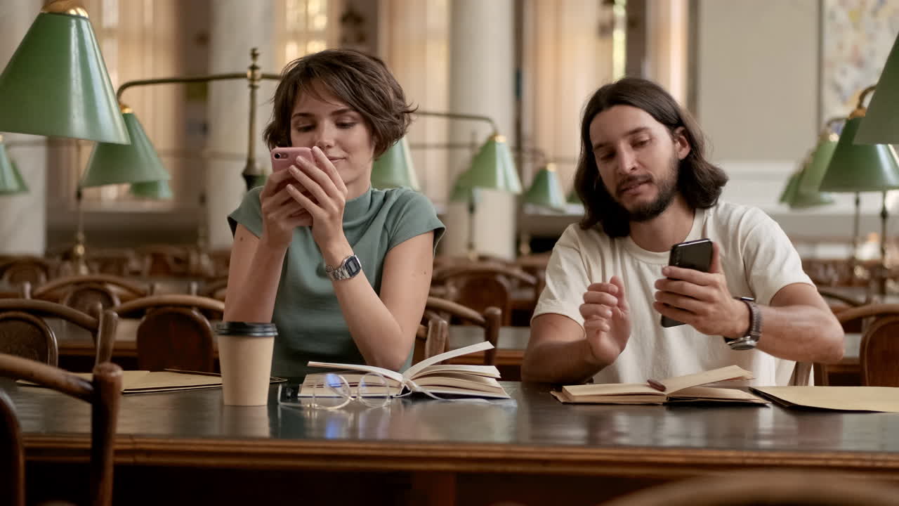 젊은 학생들이 도서관에서 드폰을 사용합니다.