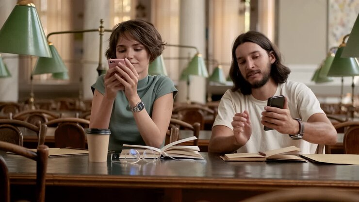 молодые студенты используют мобильные телефоны в библиотеке