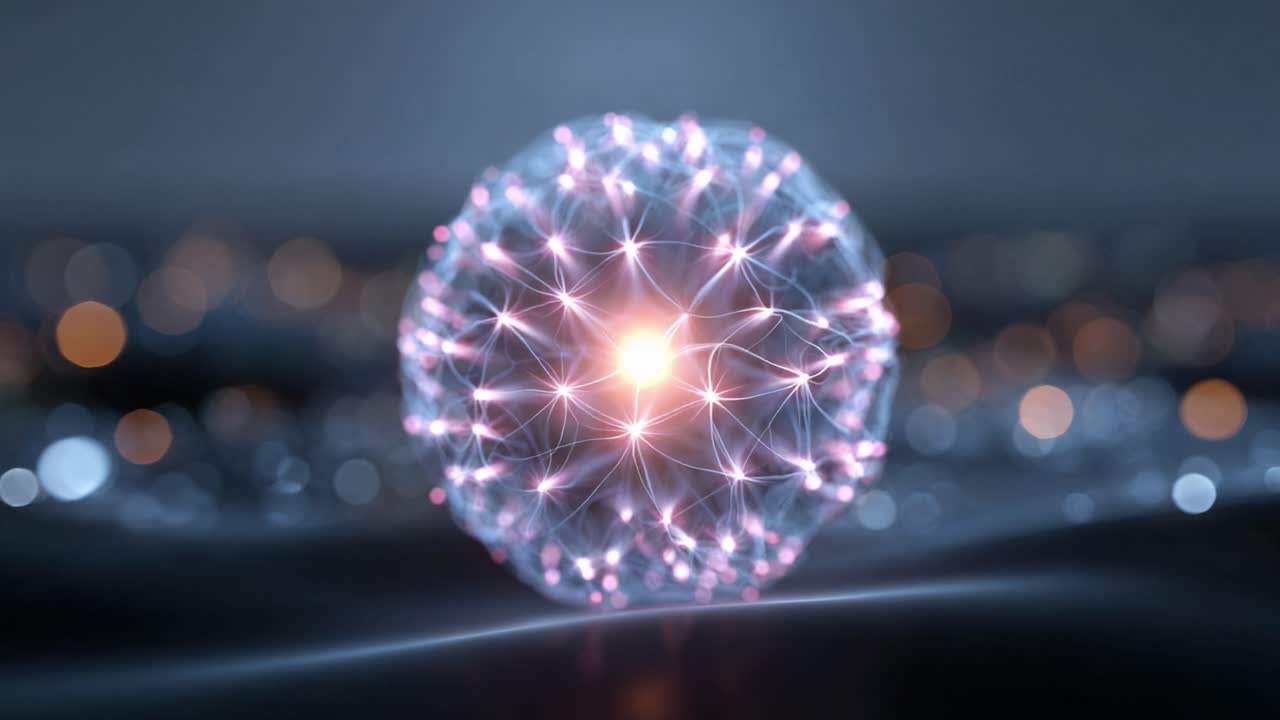 Sfera di Luce Accattivante: Una Visualizzazione Astratta del Flusso Energetico e delle Connessioni Dinamiche che Rappresenta Concetti Scientifici nell'Arte Multimediale Moderna