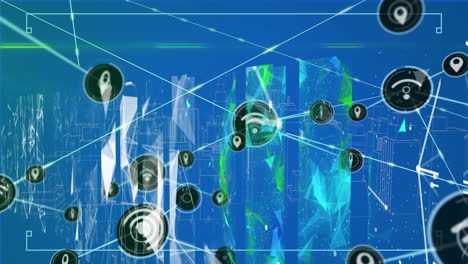 animación de gps digitales y iconos de red informática que se conectan con líneas a través de una interfaz gráfica
