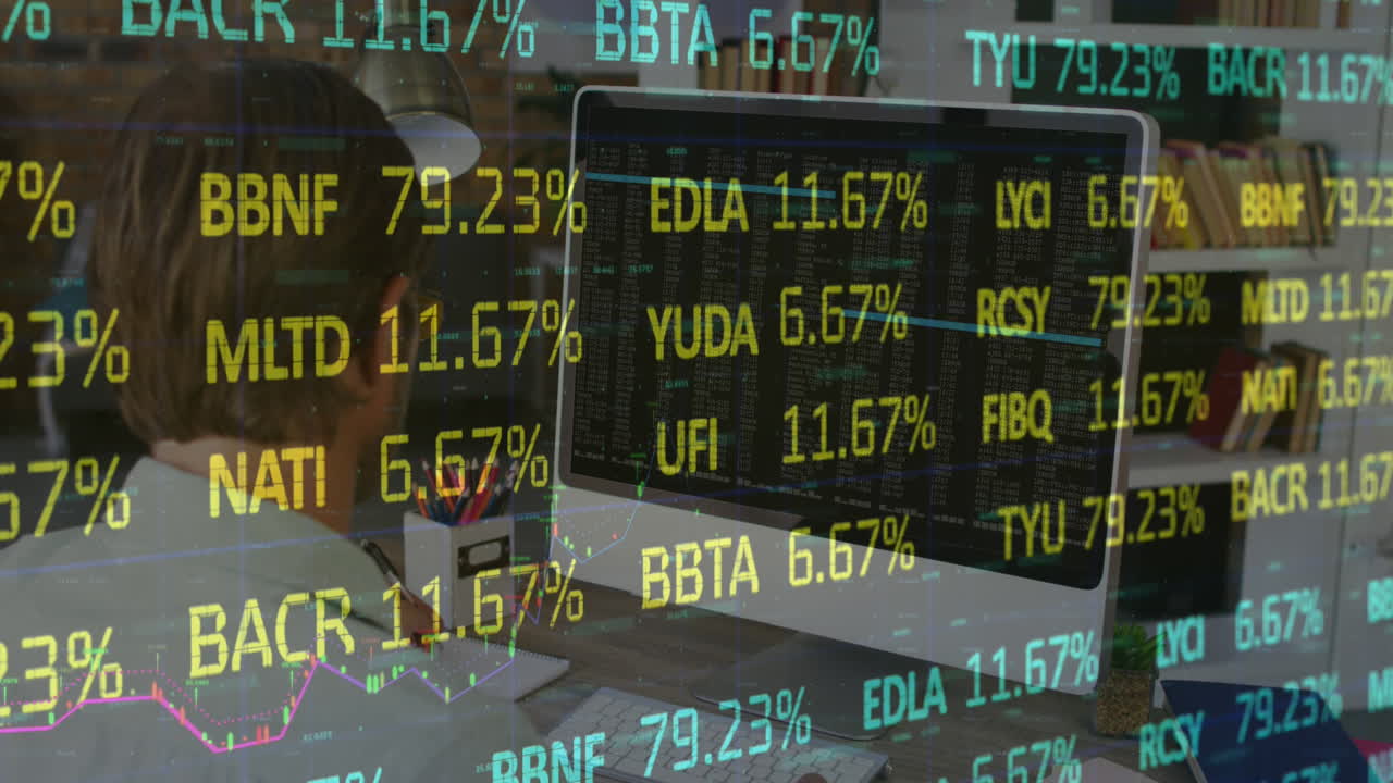 Animation of stock market data processing against caucasian man having a video call on computer