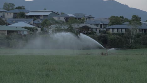farm sprinkler equipment in wollumbin national park - closed due to coronavirus pandemic - mount warning in tweed range, nsw, australia - slow motion