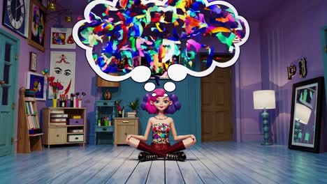 chica meditando en una habitación colorida con burbujas de pensamiento