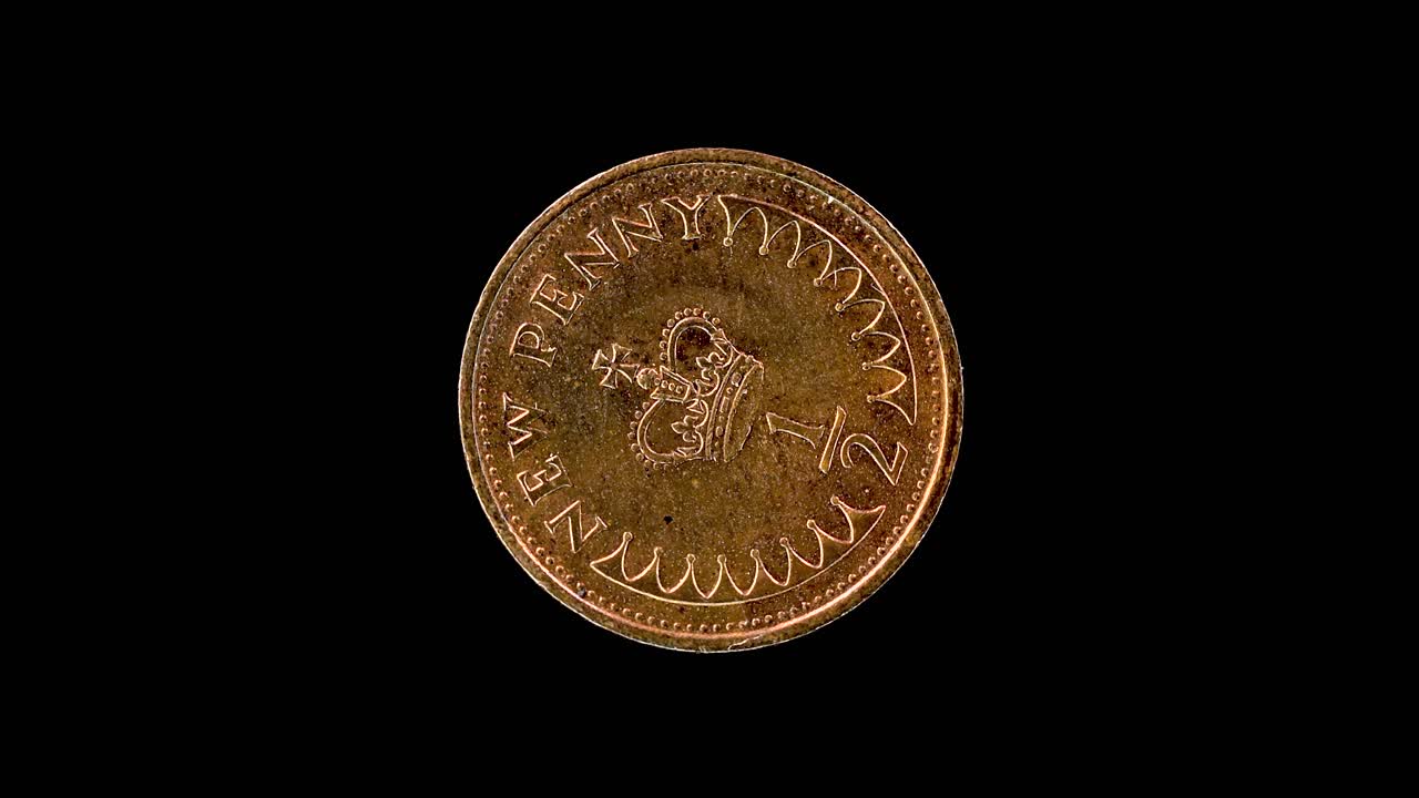 United Kingdom 1979 half penny coin reverse with St. Edward’s Crown rotating on black background