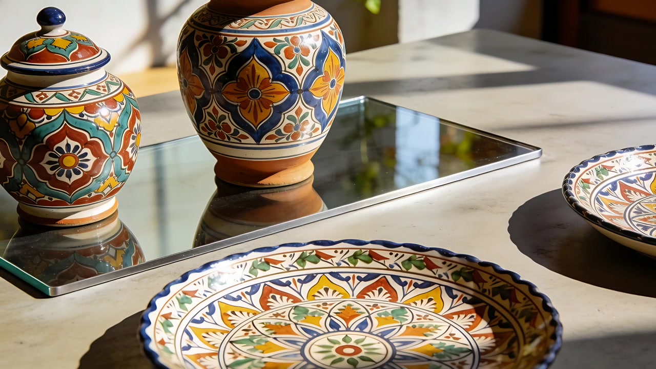 Telecamera scorrevole che mostra un piatto di ceramica su un tavolo da cucina vicino alla finestra, con barattoli che si riflettono su un vassoio di vetro.