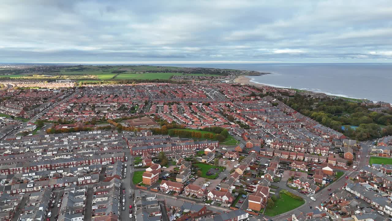 Aerial drone view sunderland north east england uk tyne and wear wearside british english town city fulwell roker seaburn stadium of light