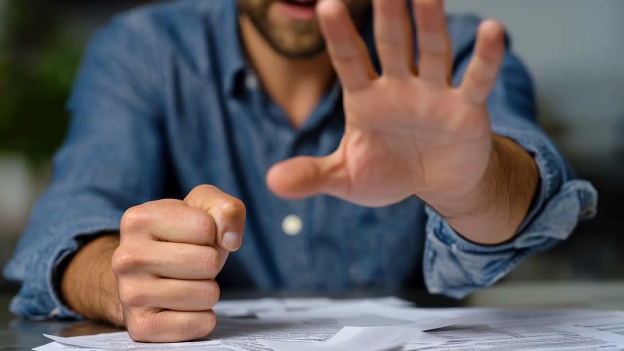 Frustration and Resolution: A Close-Up of a Person's Hands Signifying Tension While Reviewing Important Documents on a Table in a Quiet Setting