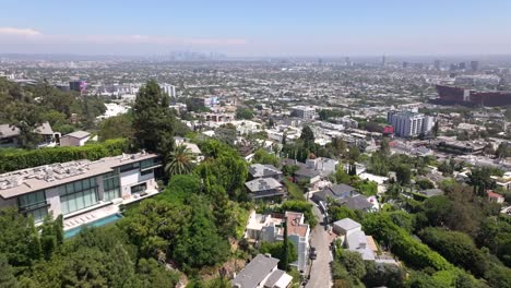 Luxury-homes-in-along-the-"Bird-Streets"-of-Hollywood-Hills-West-above-Sunset-Blvd---aerial-flyover