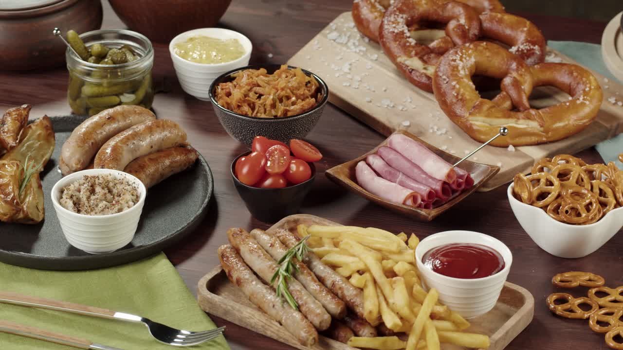 Perinteinen saksalainen ruokatarjoilu makkaroineen, rinkeleineen ja ranskanperunoineen.