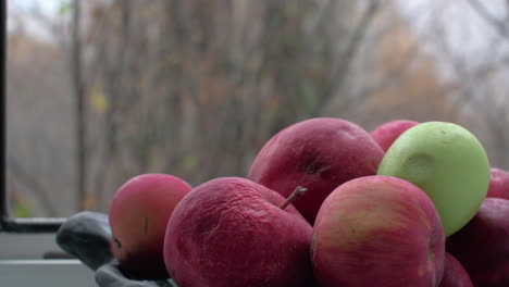 manzanas viejas en el cuenco y finales del otoño afuera