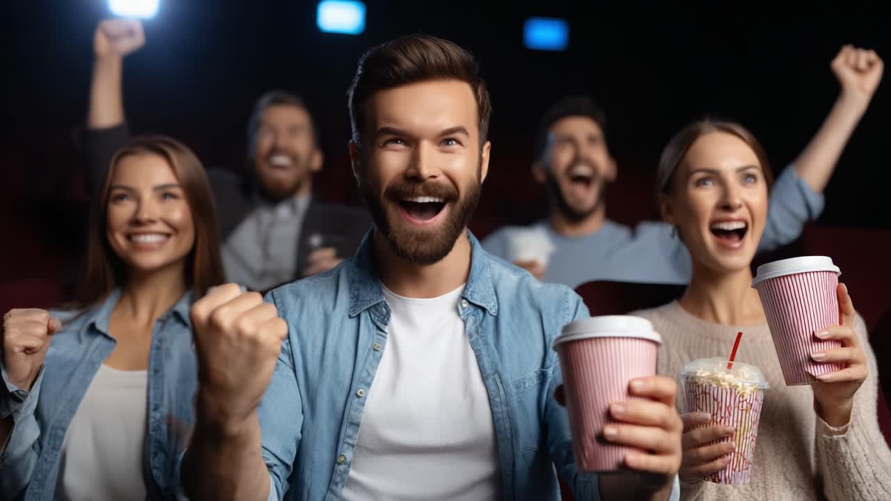 Excited Friends Enjoying a Movie Night, Cheering Together with Snacks and Drinks in a Cinematic Atmosphere