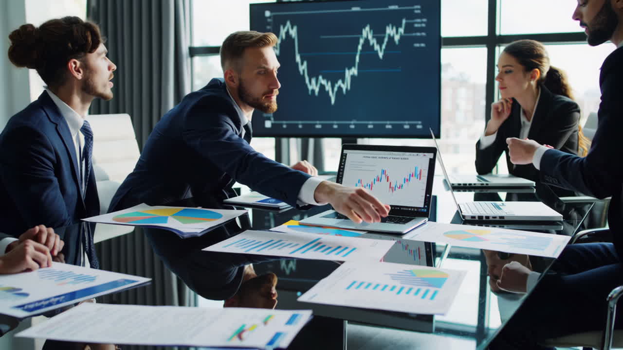 Professionisti aziendali che collaborano e analizzano dati finanziari in una riunione in un ufficio moderno