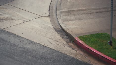 water flowing into street drainage, rainy day in city neighborhood, detail