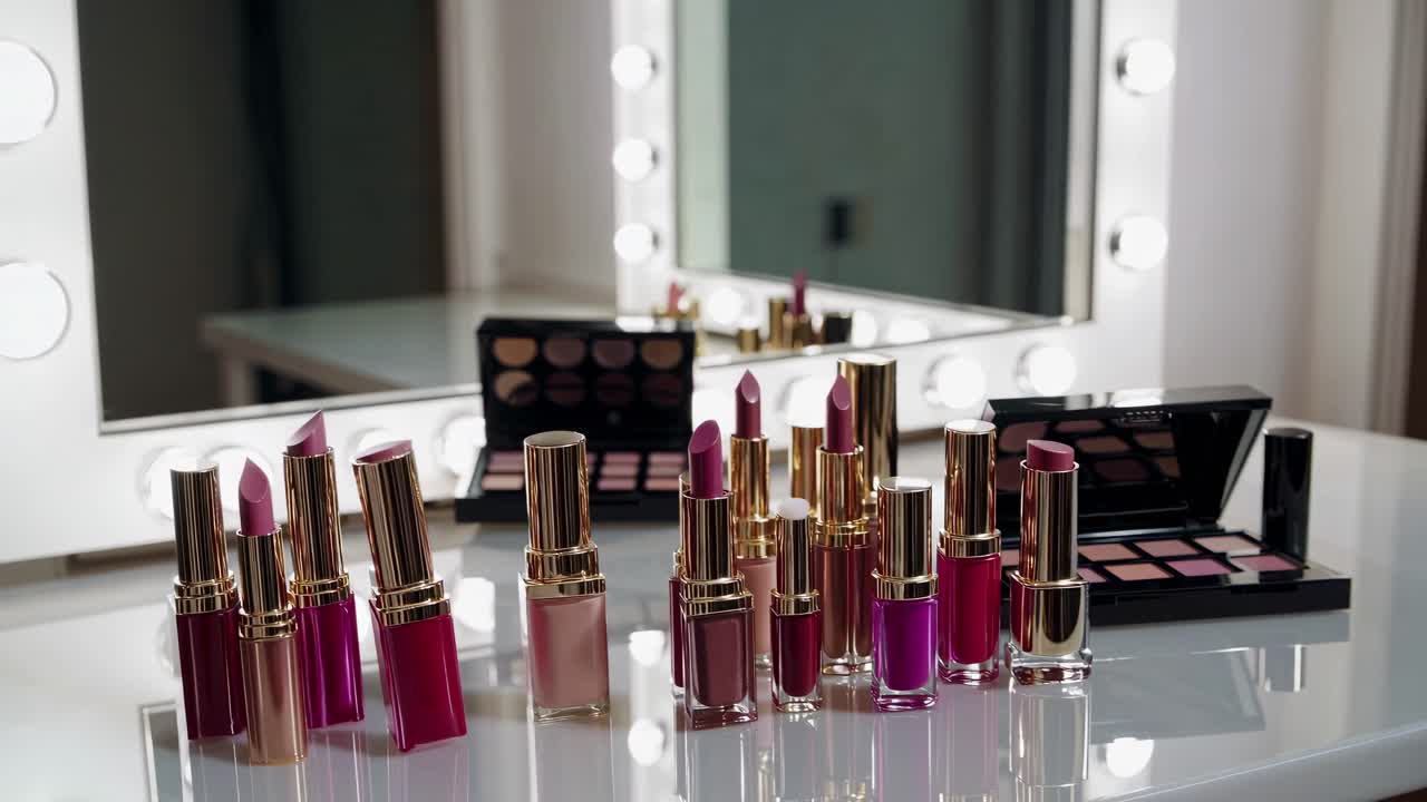 Video still of a makeup vanity setup with lipsticks and palettes