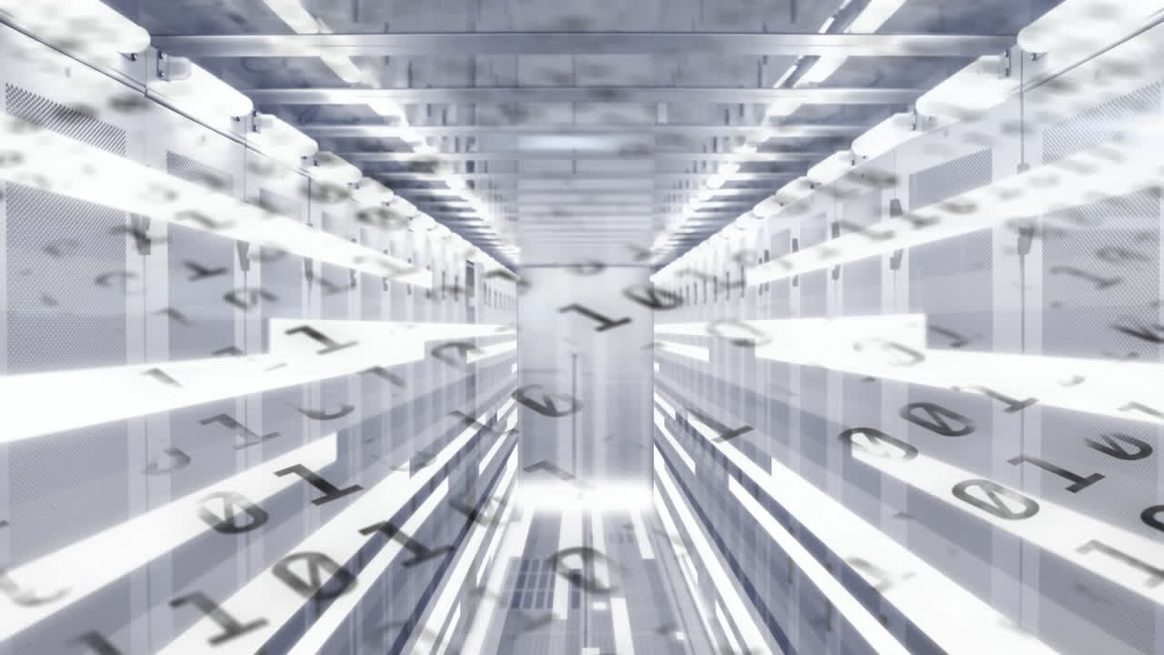 컴퓨터 서버가 있는 기술실에서 바뀌는 바이너리 코딩 숫자의 애니메이션