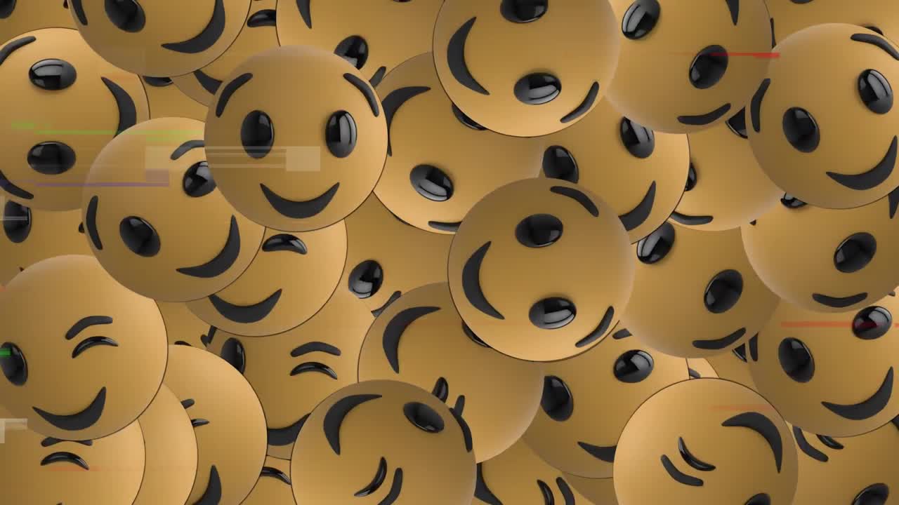 Digitální animace mnoha mrkajících emotikonů obličejů padajících na pozadí efektu televizního šumu.