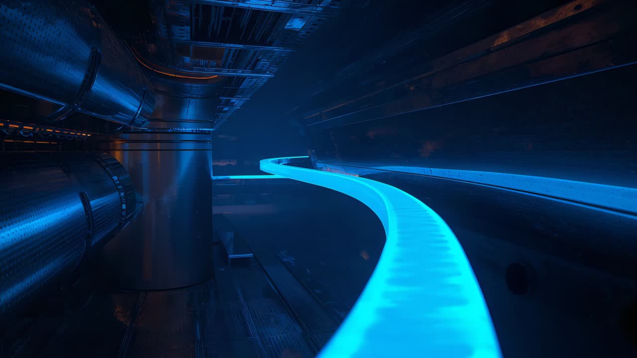 Activating camera following glowing neon-blue rail through metallic corridor, showing pipes, ducts