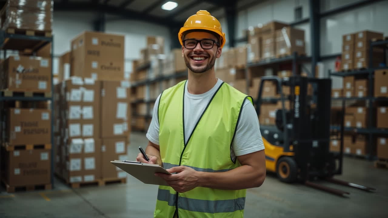 Lavoratore di magazzino sorridente con clipboard e muletto
