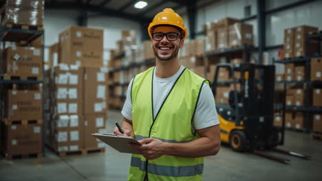 smiling warehouse worker with clipboard and forklift