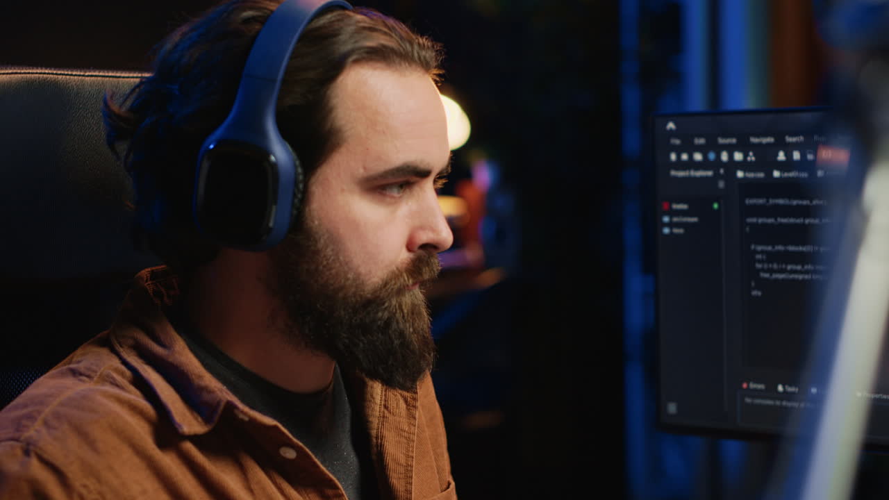 Developer listening music and drinking coffee while doing programming